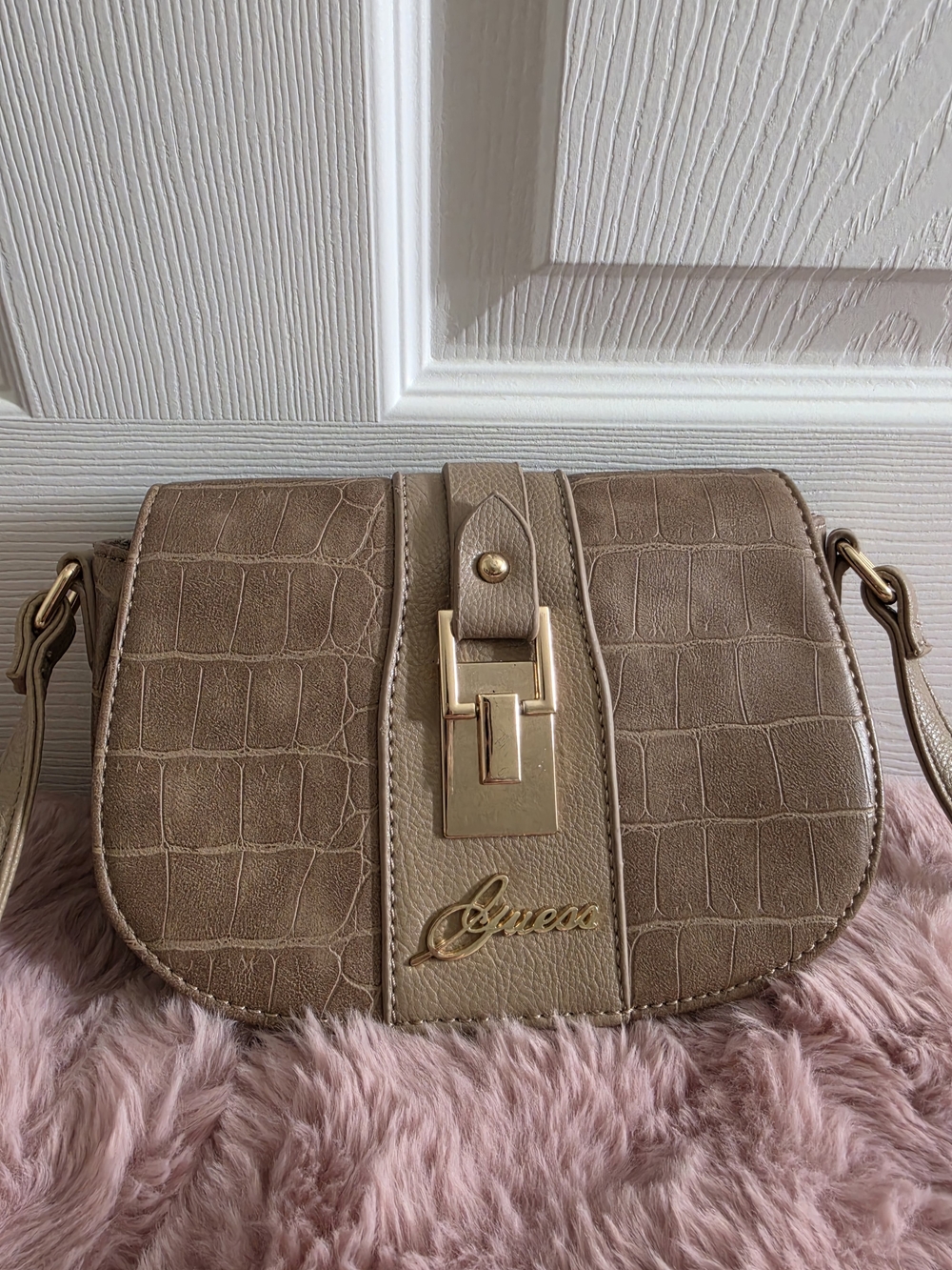 Guess Croc-Embossed Taupe Shoulder Bag with Gold Hardware